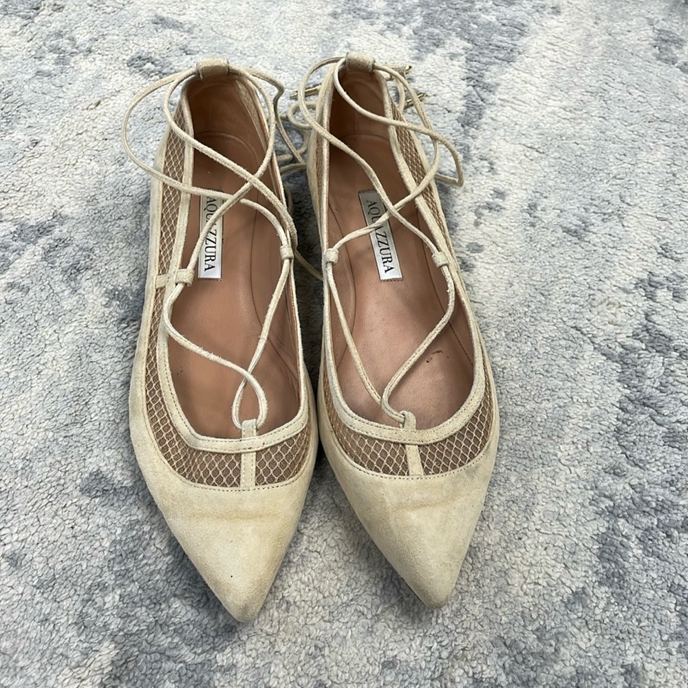 Aquazzura Dalia Pointed Toe Wrap Around Ballet Flats Cream Suede Mesh Sz 37 - Picture 3 of 14
